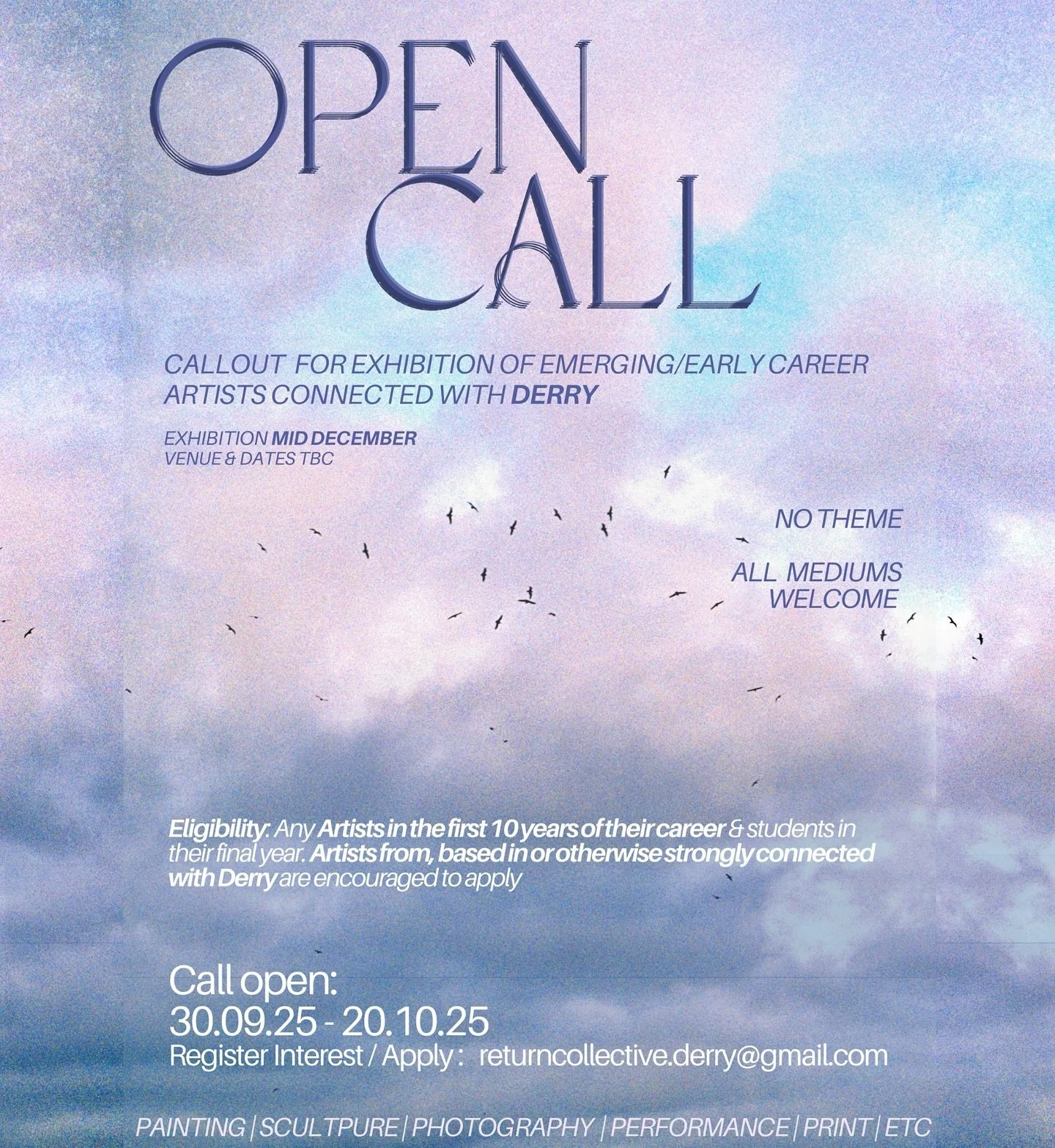 Open call!

Pop up exhibition in Derry in mid-December (pre christmas weekend)

Any emerging artists from/based in/strongly connected with Derry are encouraged to apply 

This exhibition is particularly aimed in connecting artists who have relocated 