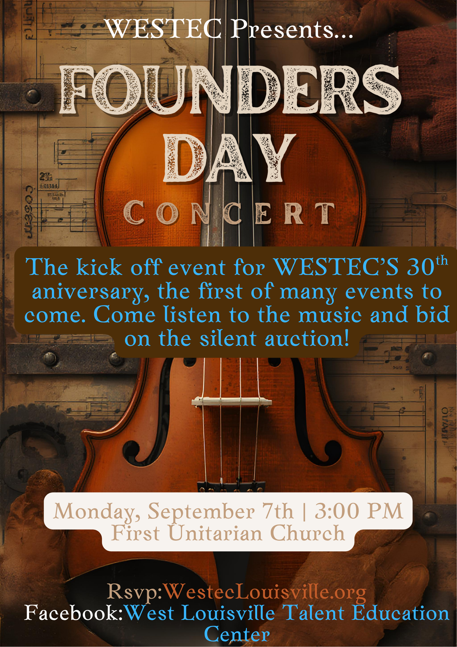 A promotional poster for a concert event titled "Founders Day Concert," featuring a background image of a violin and sheet music with text overlay details of the event, including date, time, location, and contact information.