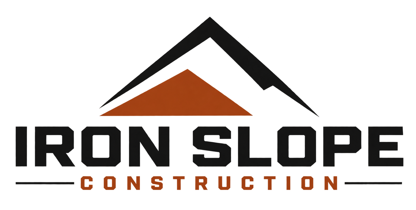 The logo features a stylized black mountain peak above an orange triangle, with the text 'Iron Slope Construction' in bold black and orange letters.
