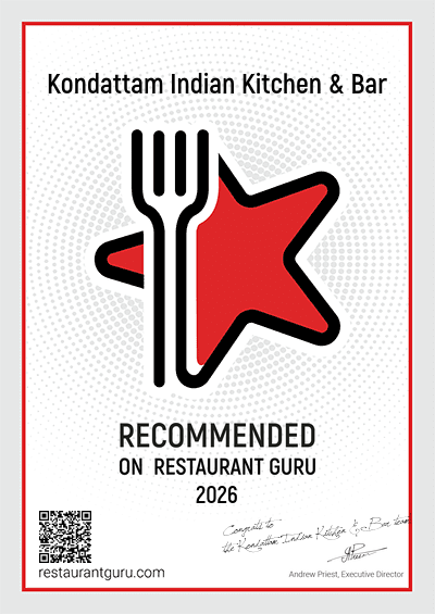 Certificate of recommendation for Kondattam Indian Kitchen & Bar from Restaurant Guru, 2026.