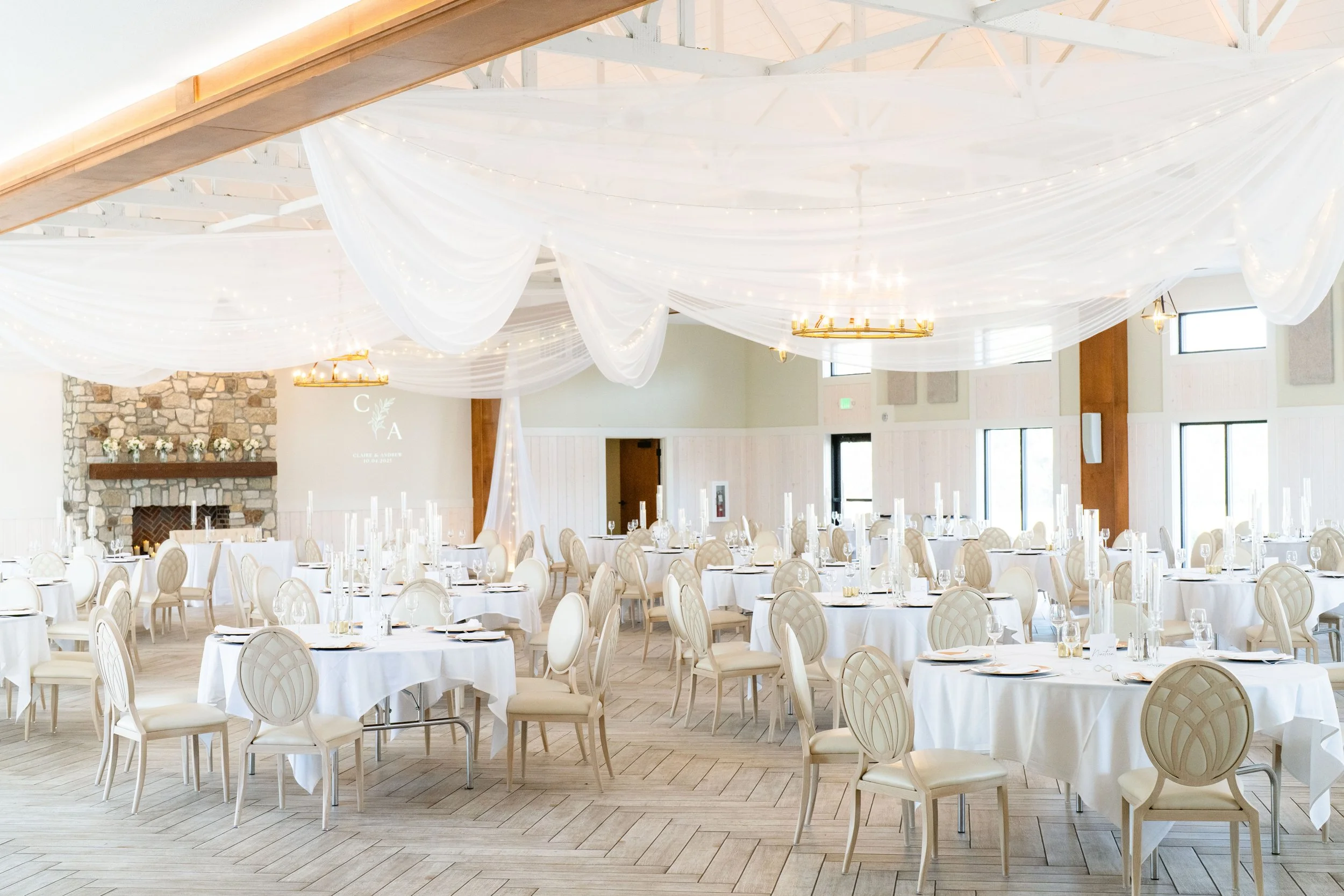 Elegant banquet hall decorated for a wedding reception, captured by Minnesota Wedding and Portrait Photographer, LKW Photography.