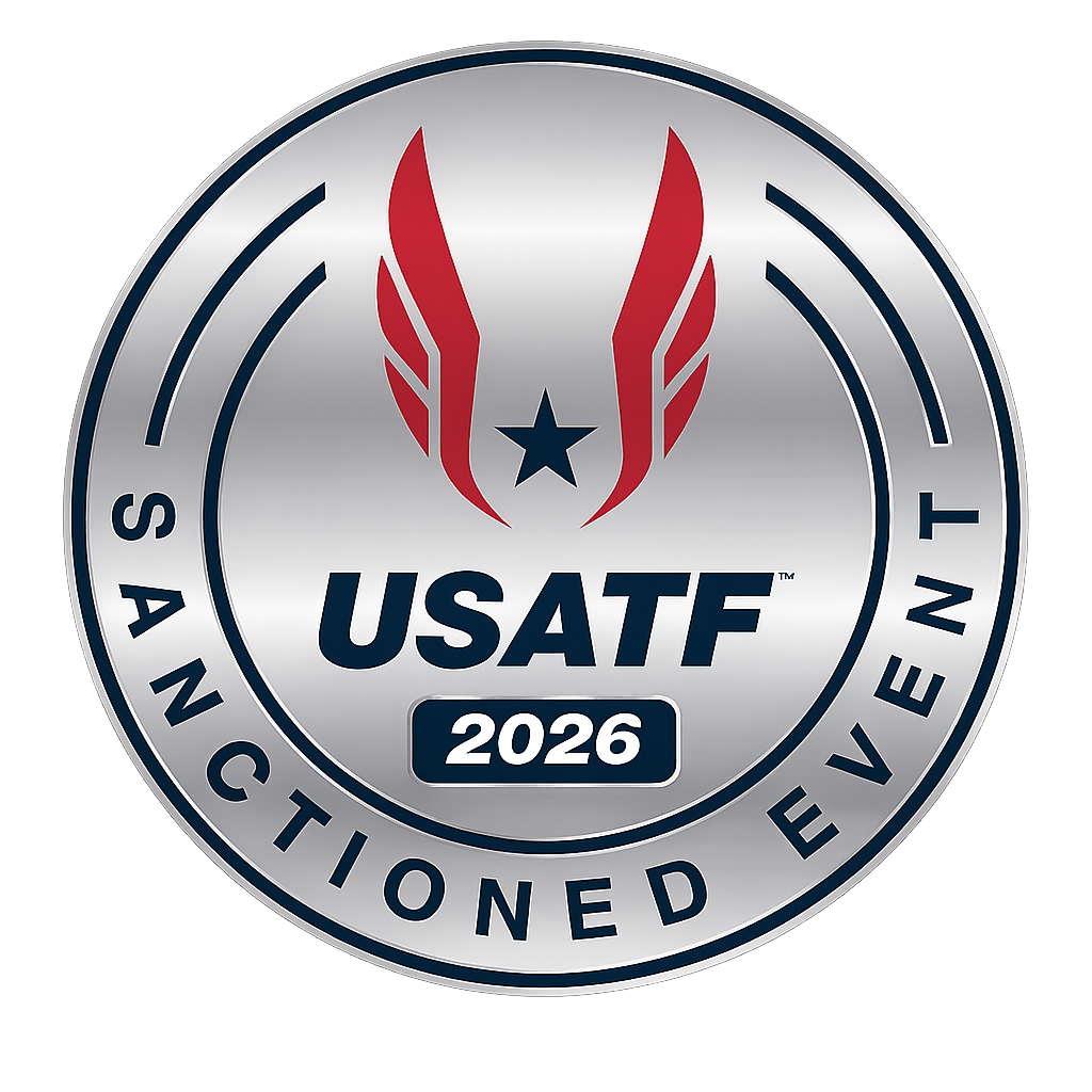Circular badge with a silver background and dark blue lettering that says "USATF 2026" and "Sanctioned Event". The top features a stylized red winged figure with a black star in the center.