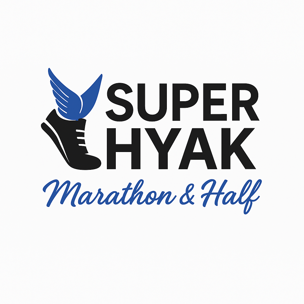 Logo for Super Hyak Marathon & Half featuring a running shoe with a wing on the heel.