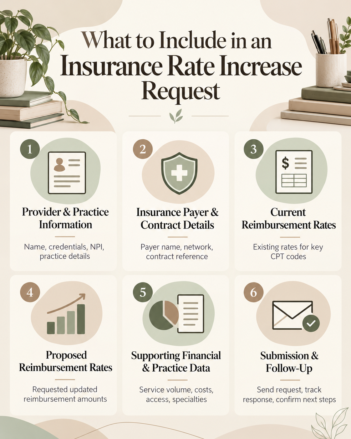 Infographic showing six essential details therapists need for an insurance reimbursement rate increase request, including payer contracts, current rates, proposed rates, and supporting documentation.