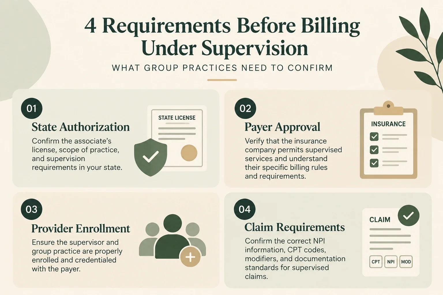 short alt text for the image Four requirements for billing pre-licensed therapists under supervision.