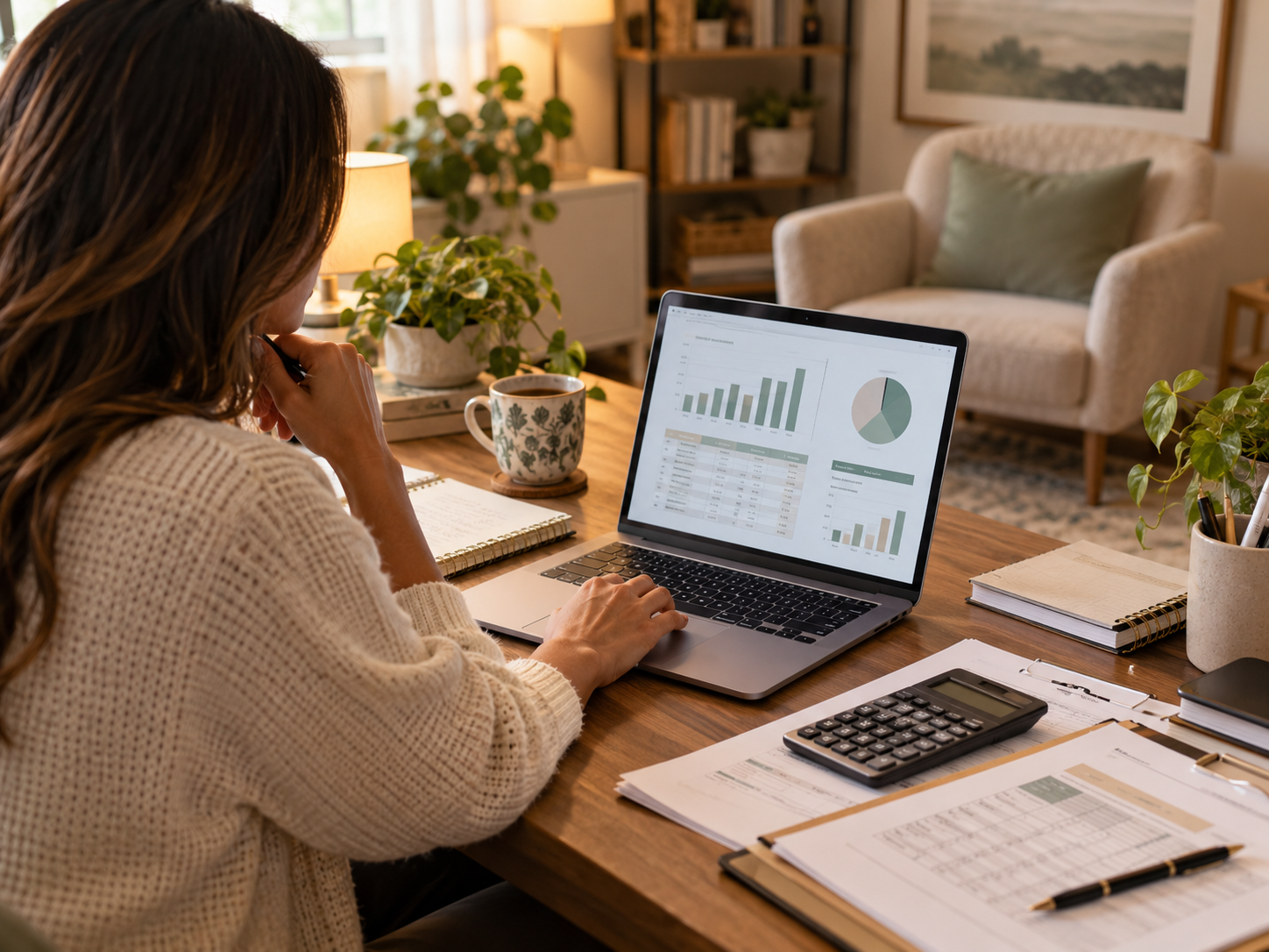 Therapist reviewing private-pay revenue, insurance reimbursement, and practice expenses using financial reports on a laptop.