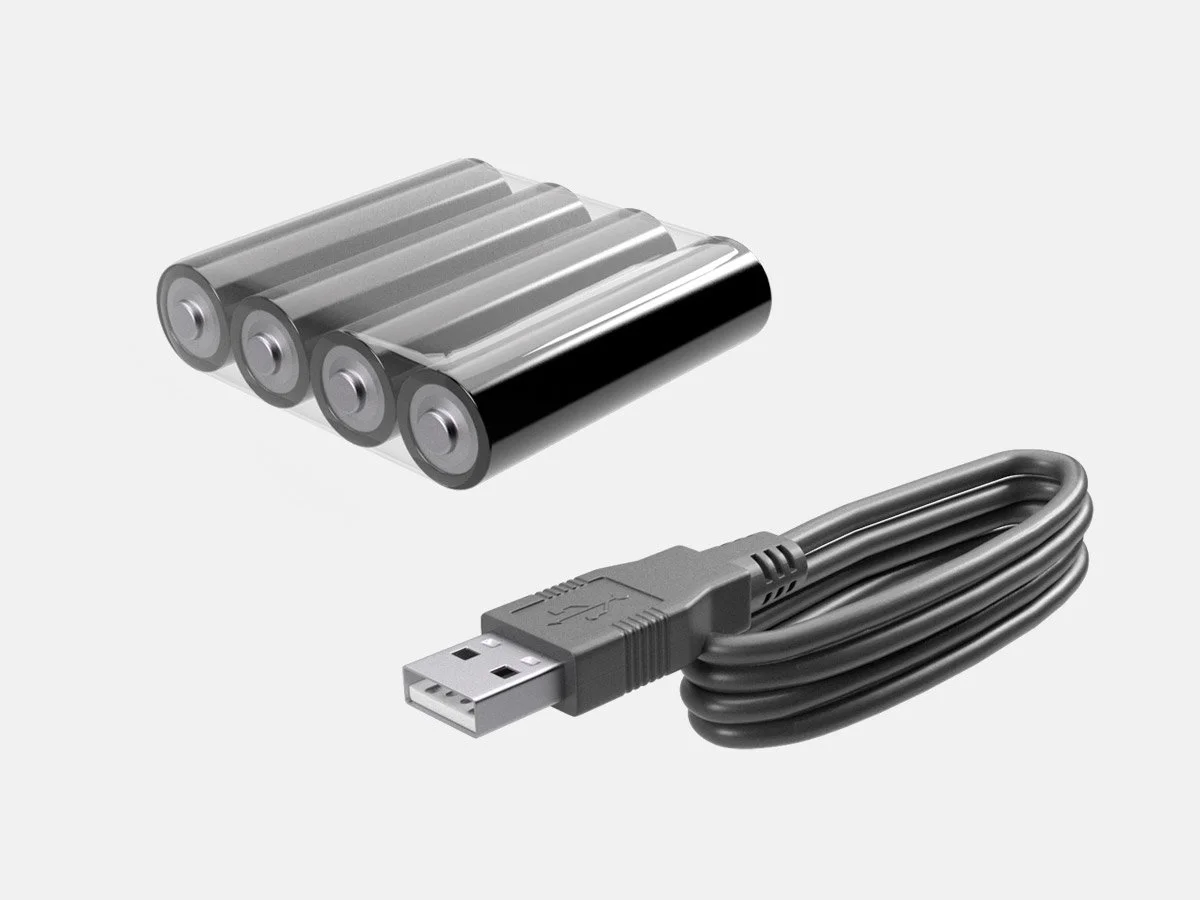 Pakflatt folding booth light, powered by battery or USB cable.