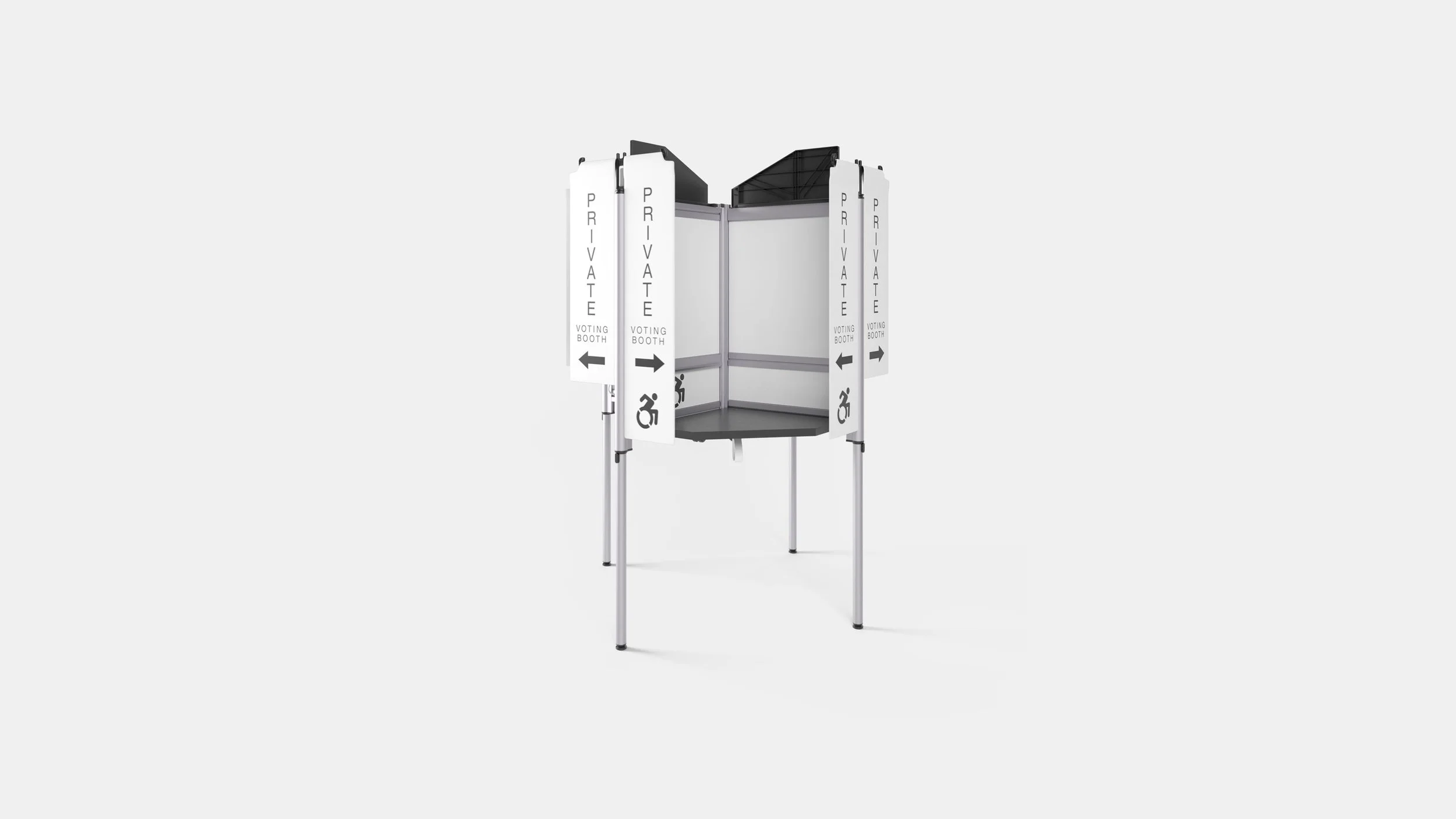 Pakflatt V4 booth with privacy banners that attach to the booth posts by detachable hangers. 