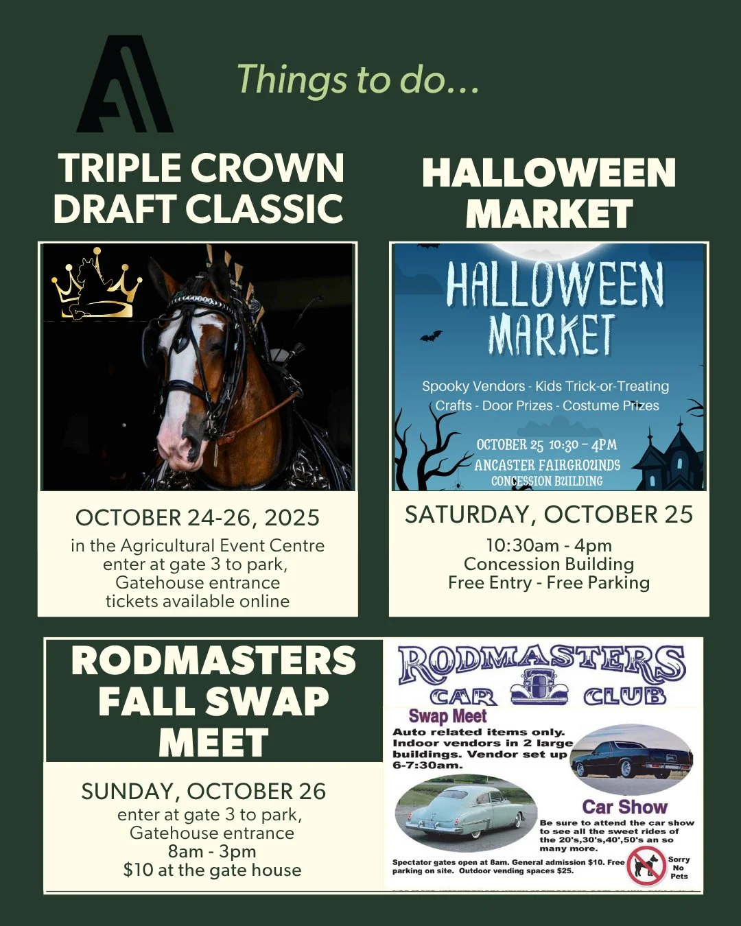🚜🎃🚗 Things to Do This Weekend at the Ancaster Fairgrounds!⁠
⁠
There&rsquo;s something for everyone! 👇⁠
⁠
🐴 Triple Crown Draft Classic:  Oct 24&ndash;26⁠
Watch the top Belgians, Clydesdales &amp; Percherons compete for champion titles at this pre