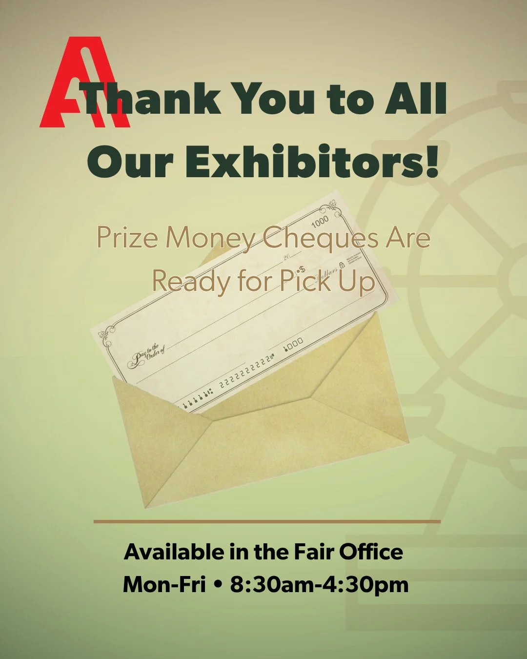 🏵️ A big thank you to all our amazing exhibitors.  You make the Fair what it is!⁠
⁠
Prize money cheques are ready for pick up in the Fair Office.⁠
📍 Monday&ndash;Friday, 8:30am&ndash;4:30pm⁠
⁠
Hunter competitors: please call ahead before coming.  Y