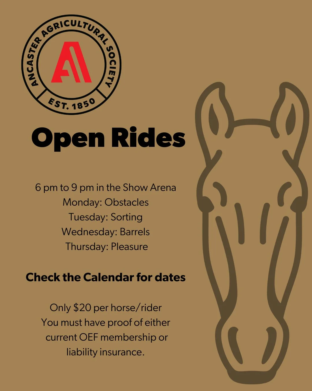🏇 Open Rides are back at the Ancaster Fairgrounds!⁠
⁠
Bring your horse and ride indoors this winter in our Show Arena.  A great way to keep training, stay active, and have fun with your favourite discipline.⁠
⁠
✨ Schedule:⁠
Monday: Obstacles - start