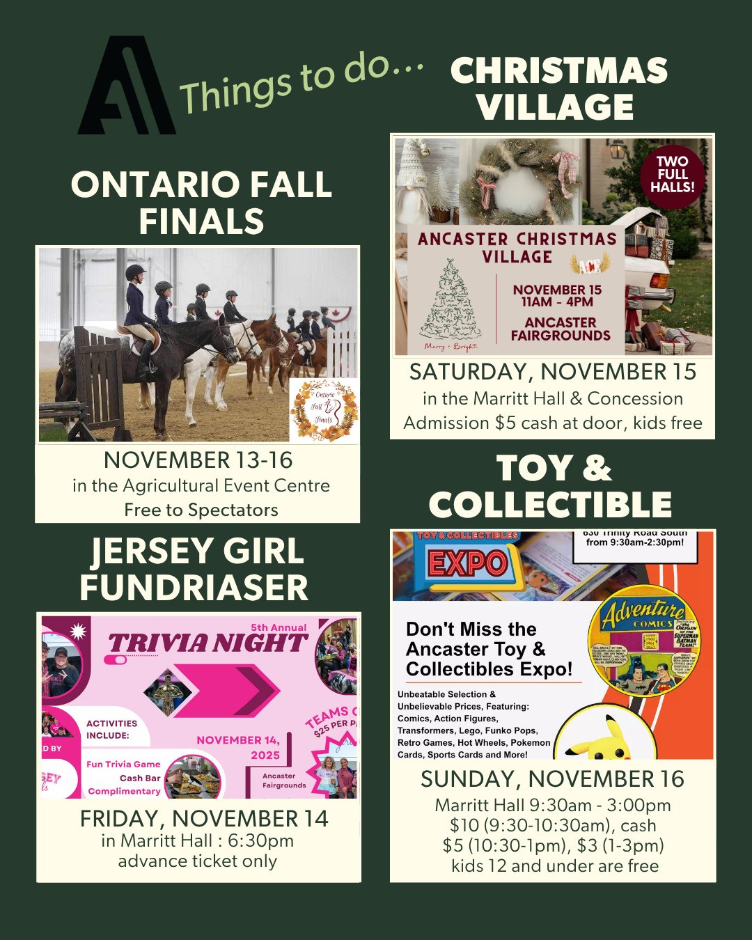 🎉 Things to Do This Weekend at the Ancaster Fairgrounds! 🎉⁠
⁠
🐴 Ontario Fall Finals: Nov 13&ndash;16⁠
Catch the exciting wrap-up of the Ontario Fall Finals! From lead-line to 2&rsquo;9 jumpers, there&rsquo;s something for everyone to cheer on. Don