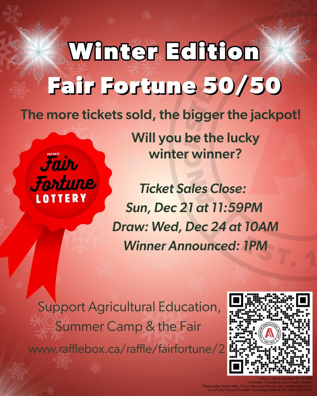 🎉💰 The Fair Fortune 50/50 is BACK!  Winter Edition! 💰🎉⁠
⁠
From Nov 14 to Dec 21, your chance to win big is officially live! Watch the jackpot climb 📈✨ and snag your tickets early for your shot at a huge December win. 🎄💵⁠
⁠
When you buy a ticke