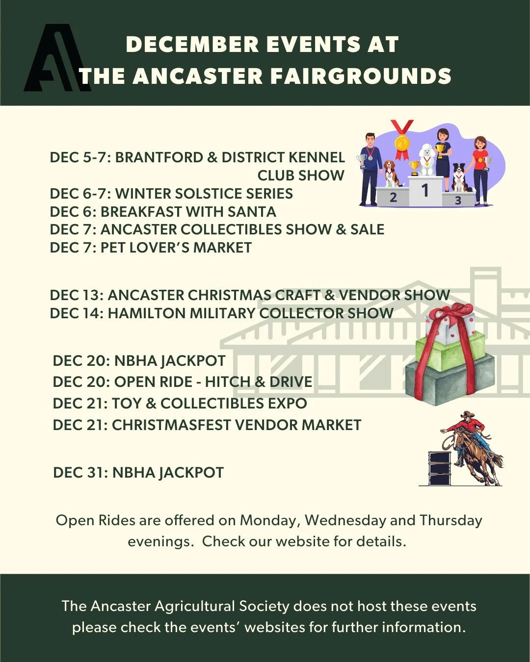 🎄✨ December is packed at the Ancaster Fairgrounds.  Mark your calendar and save this post! From holiday markets to horse shows, there&rsquo;s something for everyone this month. ✨🎄⁠
⁠
📅 December Highlights:⁠
⁠
Dec 5&ndash;7: Brantford &amp; Distric