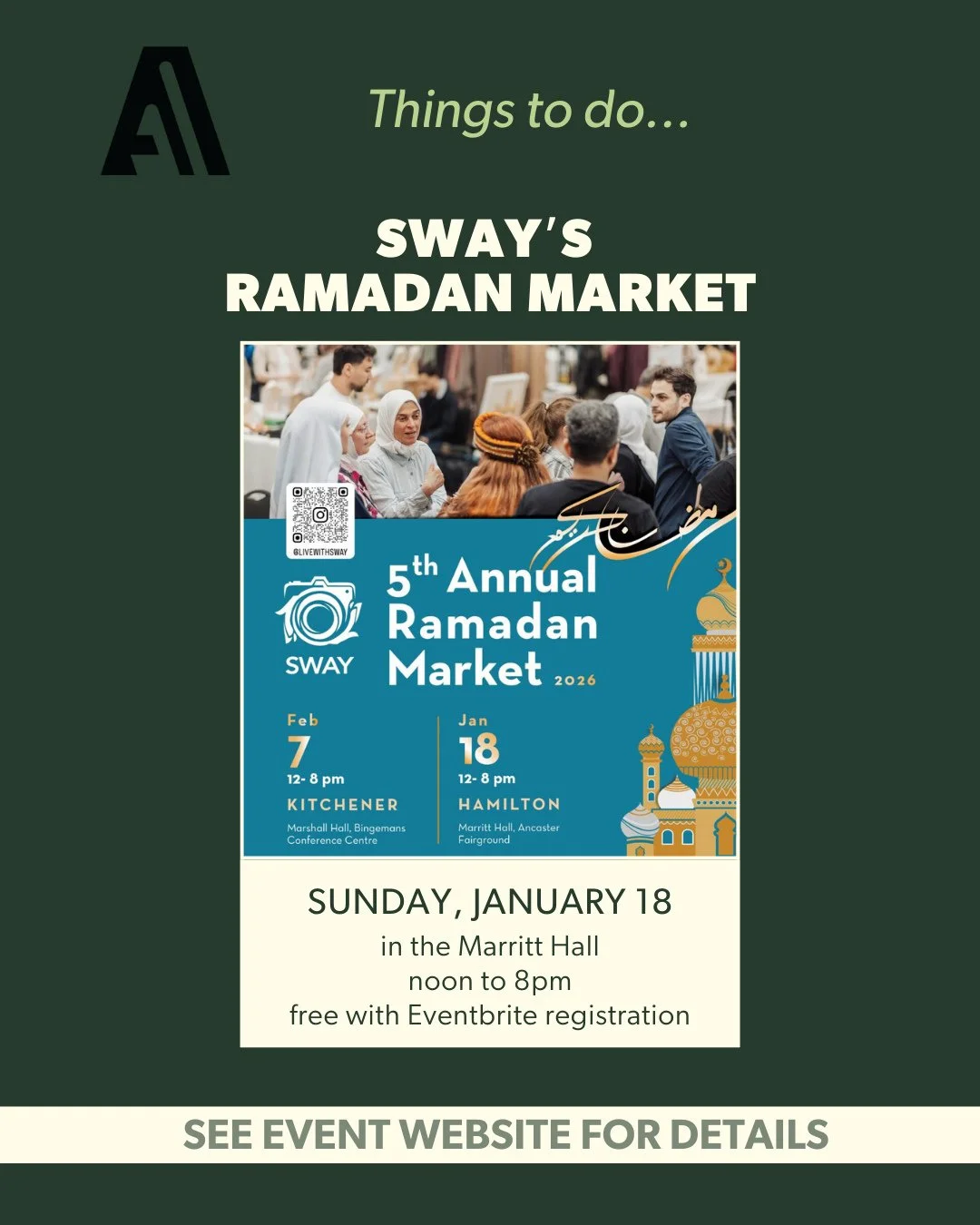 ✨ SWAY&rsquo;s 5th Annual Ramadan Market is happening Sunday, January 18 | 12&ndash;8 PM, and for the first time, it&rsquo;s being held at the Ancaster Fairgrounds.⁠
⁠
Visitors can expect a calm and welcoming atmosphere, cultural shopping, special of