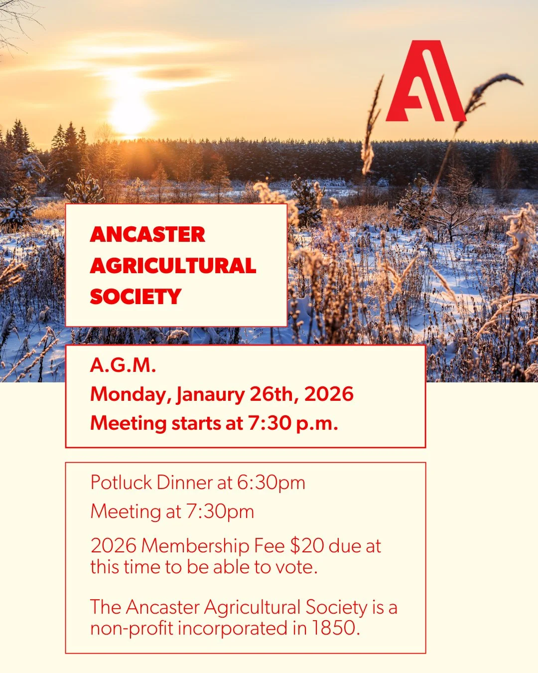 🌾 Ancaster Agricultural Society AGM 🌾⁠
⁠
The Ancaster Agricultural Society is a non-profit organization incorporated in 1850. Join us for the Annual General Meeting of the Ancaster Agricultural Society on Monday, January 26, 2026, at 7:30 PM.⁠
⁠
🍽