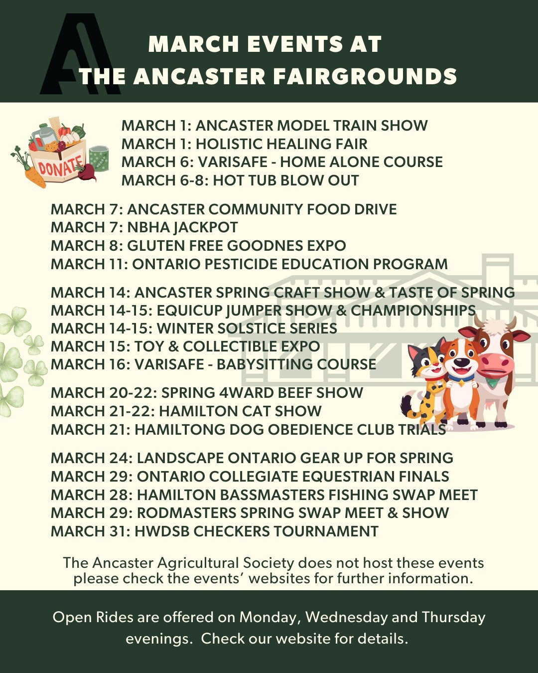 March is marching in with something for everyone at the Ancaster Fairgrounds 🌷🐴🚂⁠
⁠
From shopping and shows to horses, home events, pets, expos, and community favourites.  It&rsquo;s all happening here this month! 🙌⁠
⁠
🗓️ Check out our full even