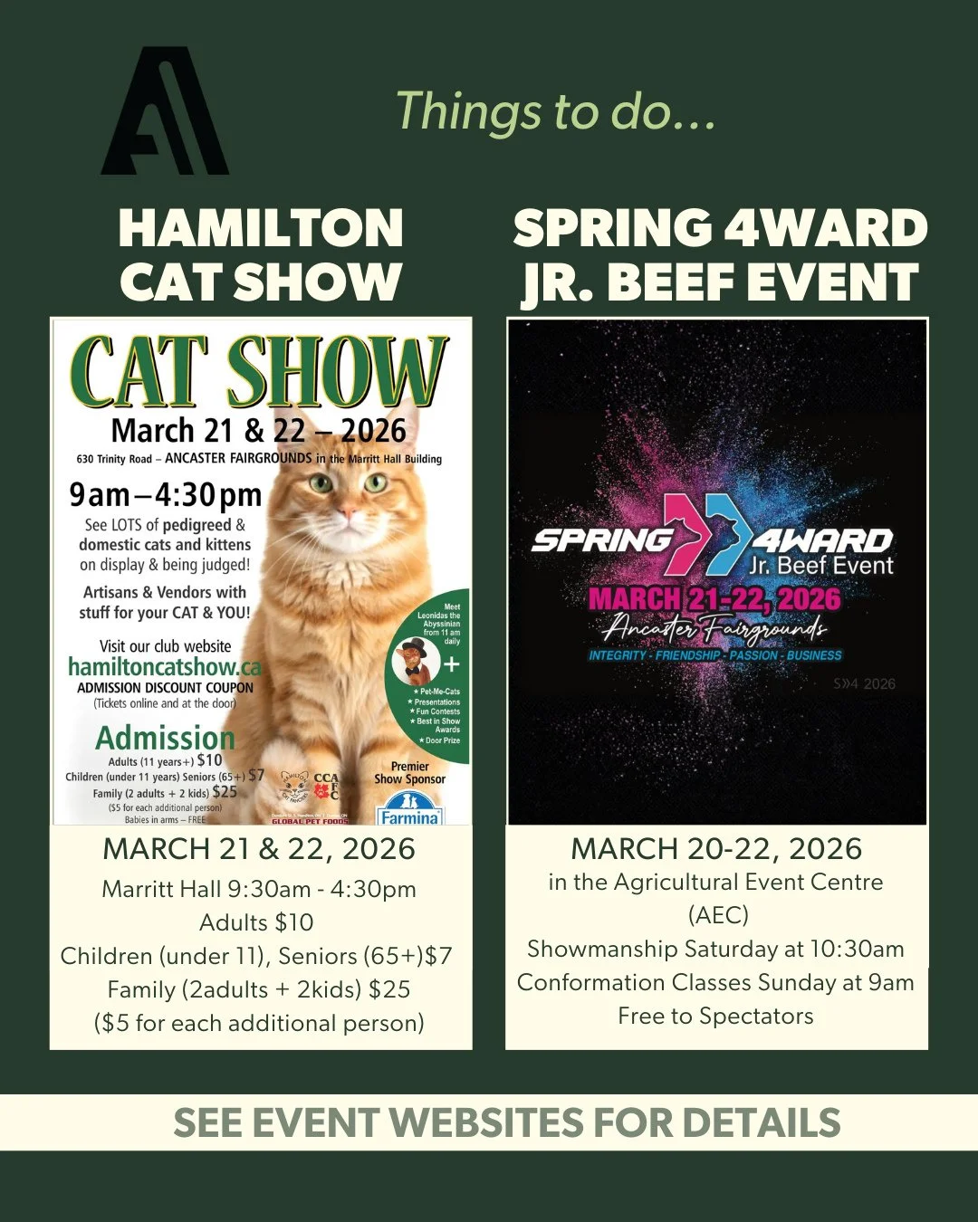 🐾🐮 Looking for something fun to do this weekend at the Ancaster Fairgrounds? We&rsquo;ve got a purr-fectly packed lineup!⁠
⁠
Cat lovers, don&rsquo;t miss the Hamilton Cat Show in Marritt Hall this Saturday &amp; Sunday, featuring fabulous felines, 
