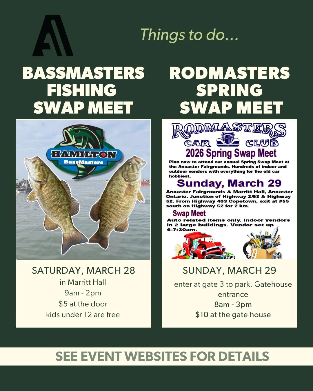 Looking for weekend plans? We&rsquo;ve got something for everyone at the Ancaster Fairgrounds! 🎣🚗🐴⁠
⁠
Here&rsquo;s what&rsquo;s happening this weekend:⁠
⁠
Saturday, March 28⁠
🎣 Bassmasters Fishing Swap Meet⁠
📍 Marritt Hall⁠
🕘 9 AM - 2 PM⁠
💲 $5