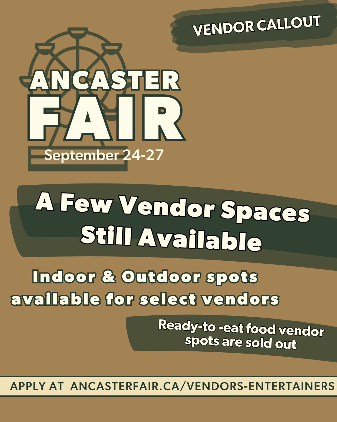 Vendor spaces are filling up for the Ancaster Fair! 🎪⁠
⁠
We still have a few indoor and outdoor vendor spaces available for select categories, but they won&rsquo;t last long.⁠
⁠
We&rsquo;re currently welcoming vendors offering:⁠
✨ Apparel⁠
✨ Accesso