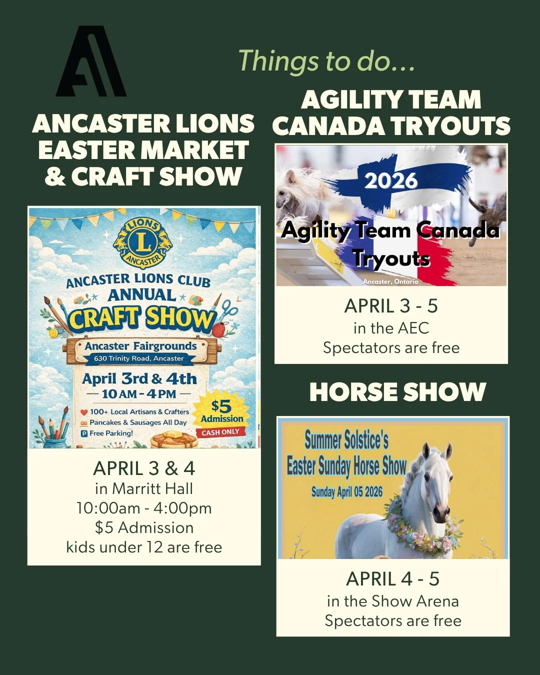 Looking for weekend plans? We&rsquo;ve got a full fairgrounds forecast: crafts, horses, high-speed pups, and a little something sweet 🍪🐴🐾⁠
⁠
✨ This weekend at the Ancaster Fairgrounds:⁠
⁠
🛍️ Ancaster Lions Craft Show⁠
📍 Marritt Hall⁠
📅 April 3 