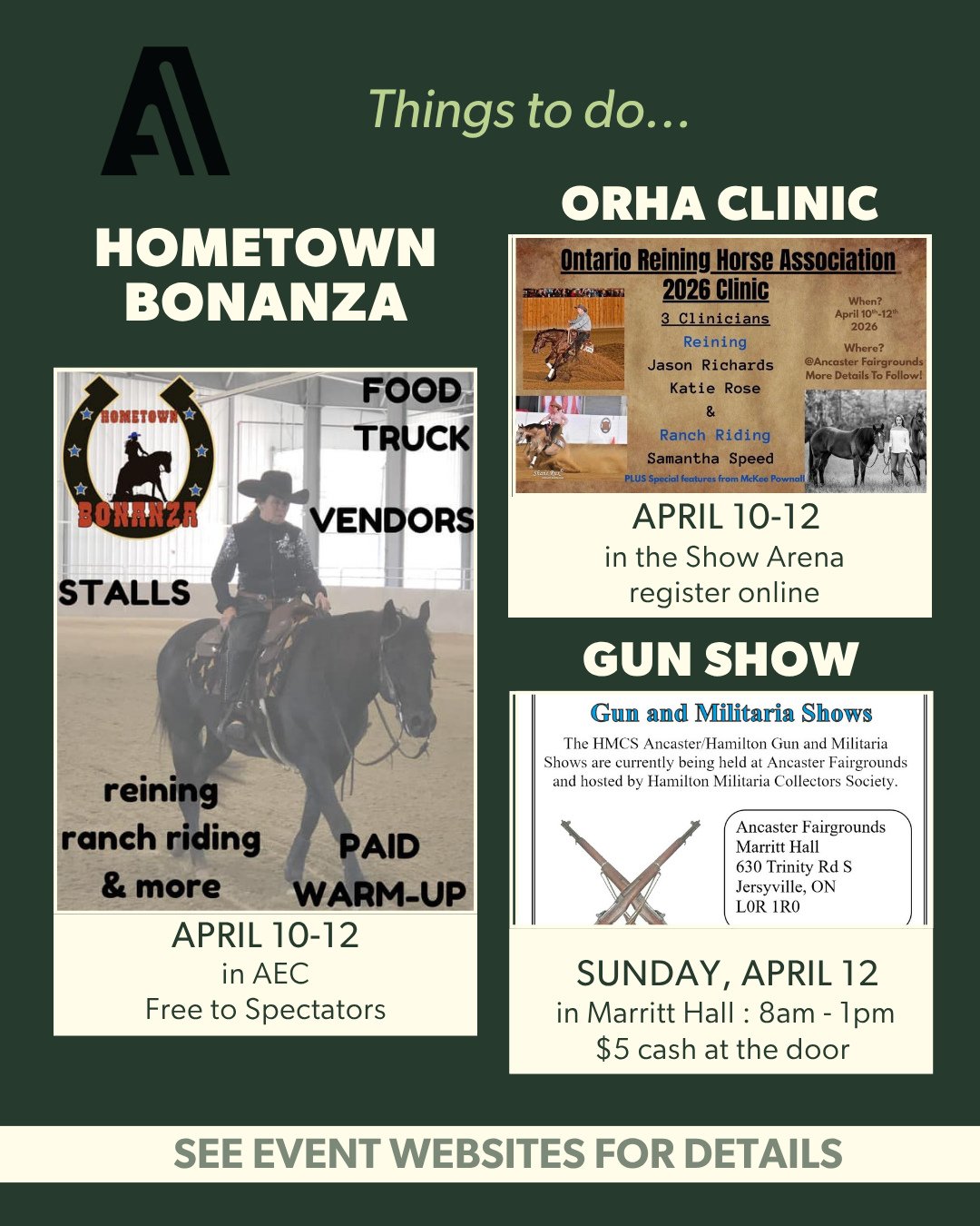 Looking for something to do this weekend at the Ancaster Fairgrounds? 👀⁠
⁠
Here&rsquo;s what&rsquo;s happening:⁠
⁠
🐎 April 10-12⁠
Hometown Bonanza⁠
Join us for a fun weekend of ranch riding, reining, and more &mdash; a great chance to watch some im