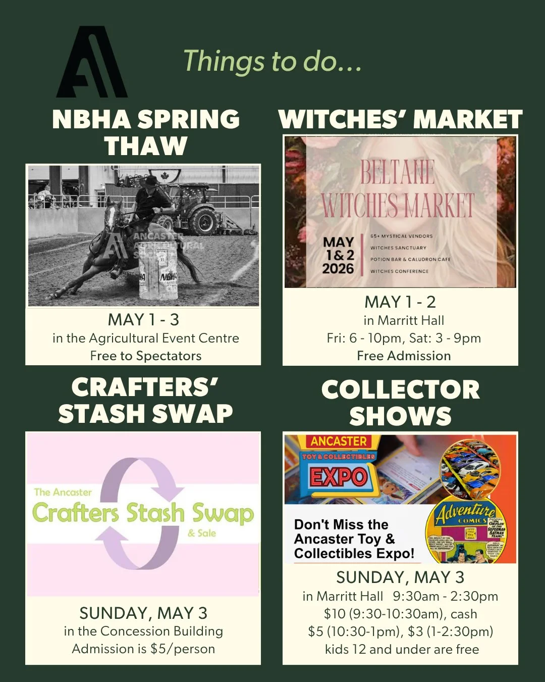 🌟 Things to do this weekend at the Ancaster Fairgrounds 🌟⁠
⁠
From high-speed barrels to magical markets and treasure-hunting tables,  there&rsquo;s something for everyone happening this weekend! 🐎✨⁠
⁠
🏇 NBHA Spring Thaw (Barrel Racing)⁠
May 1&nda