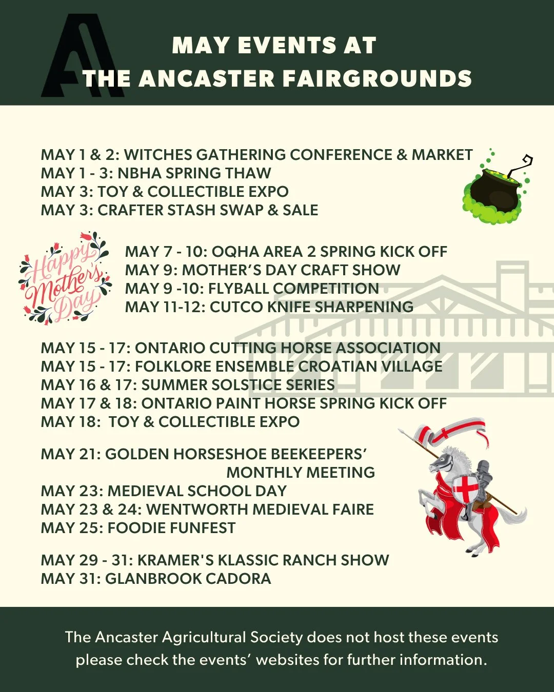 May is packed at the Fairgrounds 🌸 From witches &amp; markets to horse shows, craft fairs, expos, foodie fun, and family events.  There&rsquo;s something happening every week.⁠
⁠
Find full event info anytime on our calendar 👉 https://www.ancasterfa