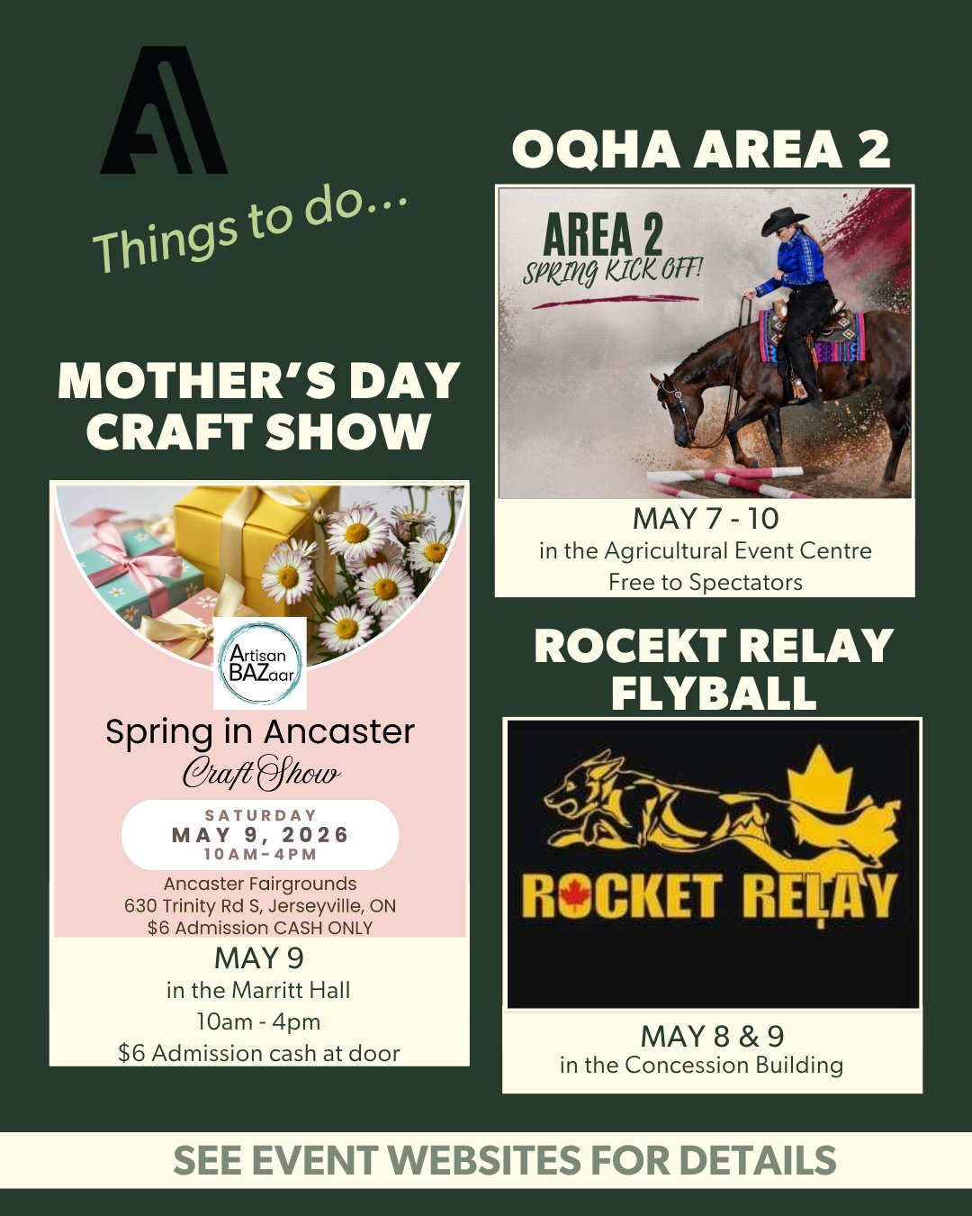 Big plans this weekend? You do now 👀⁠
⁠
From handmade treasures to high-speed paws and top-tier horse power, there&rsquo;s something for everyone at the Fairgrounds:⁠
⁠
🛍️ Mother&rsquo;s Day in Ancaster Craft Show (Saturday)⁠
🐎 OQHA Spring Kick-Of