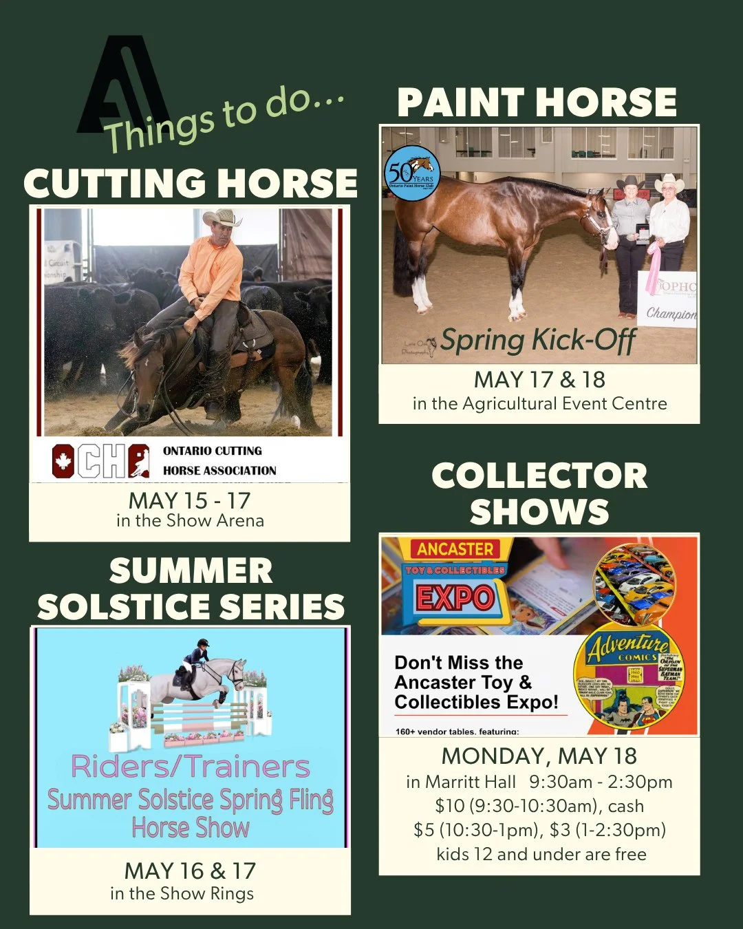Your weekend plans just got easier 👀⁠
The Ancaster Fairgrounds are packed this weekend with horses, culture, competition, and collectibles!⁠
⁠
🐴 Spectators are welcome at all horse shows.  Come spend the day ringside and cheer on the riders.⁠
🧸 Hu