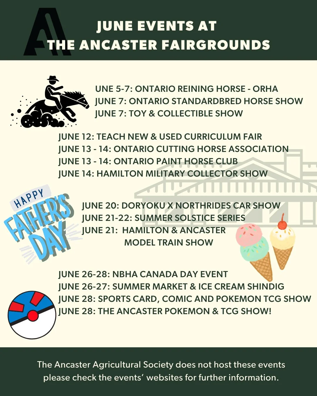 June is packed at the Ancaster Fairgrounds 🌞🎡🐴🚗🚂⁠
⁠
From horse shows and car shows to model trains, Pok&eacute;mon cards, collectibles, summer markets, and ice cream 🍦, something is happening almost every weekend this month!⁠
⁠
🐎 Horse lovers 