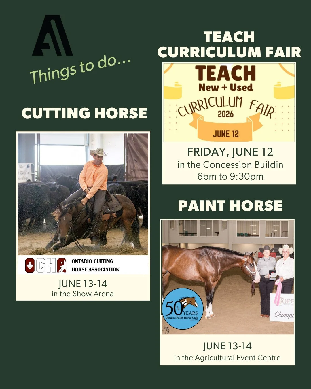 🐎 The horses are taking over the fairgrounds with TWO free-to-watch shows:⁠
&bull; Ontario Cutting Horse Association &ndash; Show Arena⁠
&bull; Ontario Paint Horse Club &ndash; Agricultural Event Centre (AEC)⁠
⁠
Whether you're a lifelong horse lover