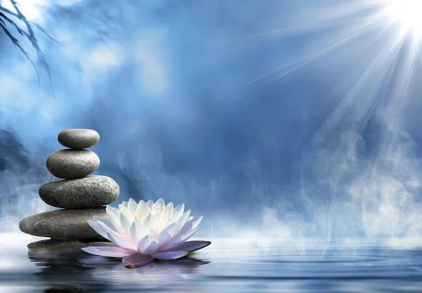Stacked stones beside a lotus flower floating on water with a blue sky and sun rays.