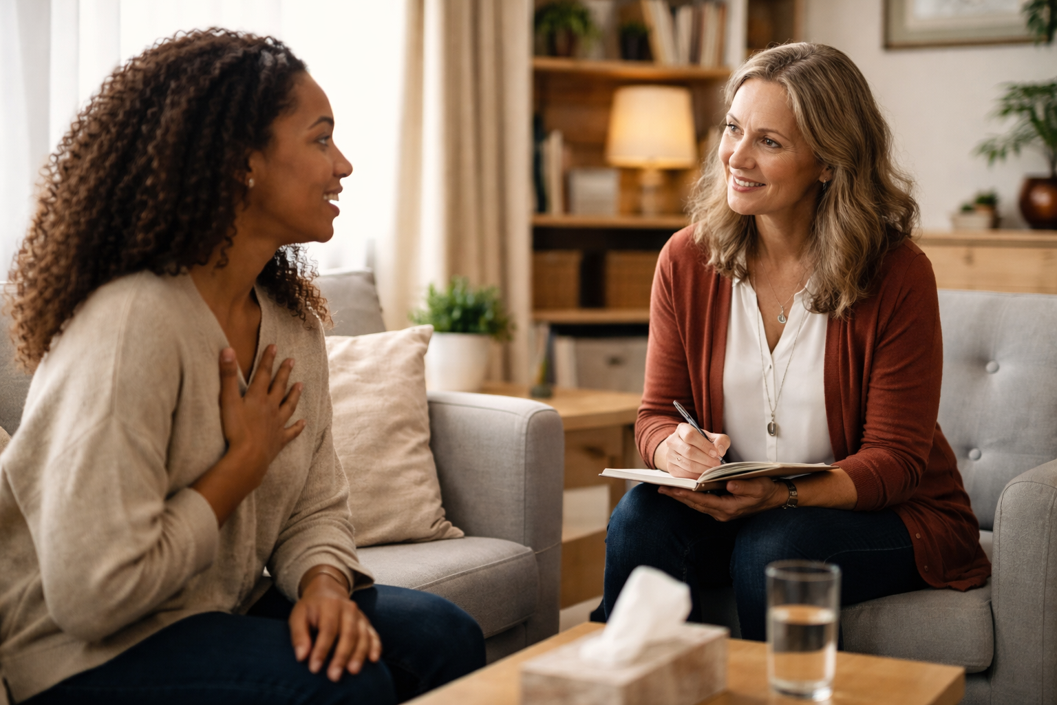 Two women on sofas talking representing what stair therapy looks like in a psychotherapy session