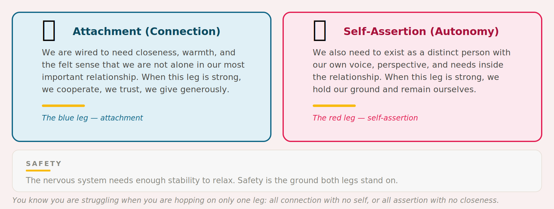 Schema therapy two legs model showing attachment and connection on the left and self-assertion and autonomy on the right, with safety as the foundation underneath both