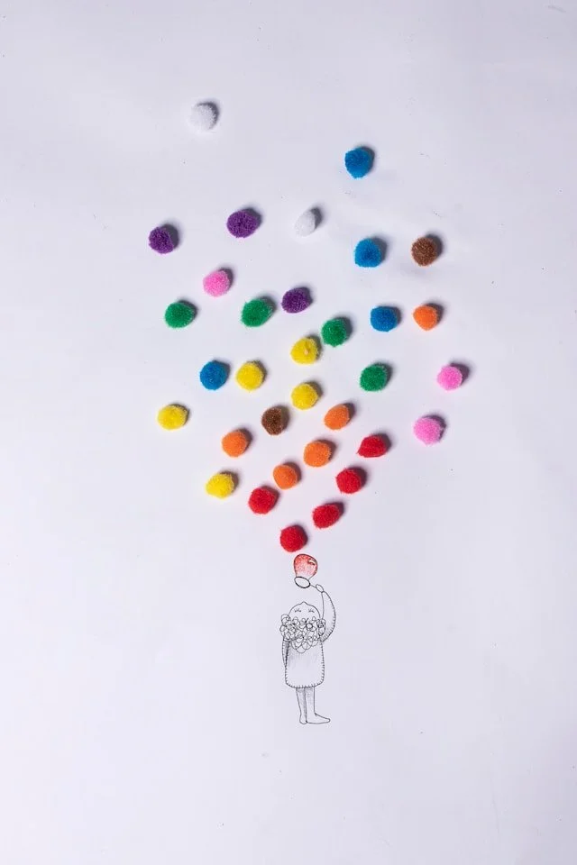 Hand-drawn illustration of a person with many scattered thoughts overhead, symbolizing the process of making unconscious emotions and relationship patterns visible.