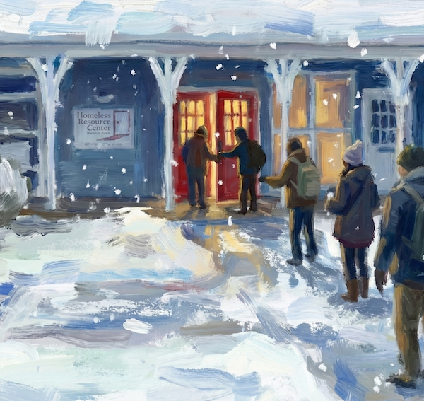 impressionistic abstract winterttime painting style people walking into HRC created partly by AI