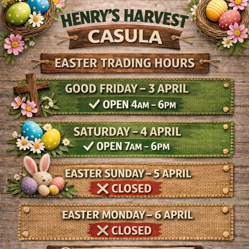 🐣 EASTER TRADING HOURS &ndash; HENRY&rsquo;S HARVEST 🐣
Plan your shop around the long weekend 👇

📍 Campbelltown
&bull; Good Friday &ndash; CLOSED
&bull; Saturday &ndash; 7am&ndash;6pm
&bull; Easter Sunday &ndash; CLOSED
&bull; Easter Monday &ndas