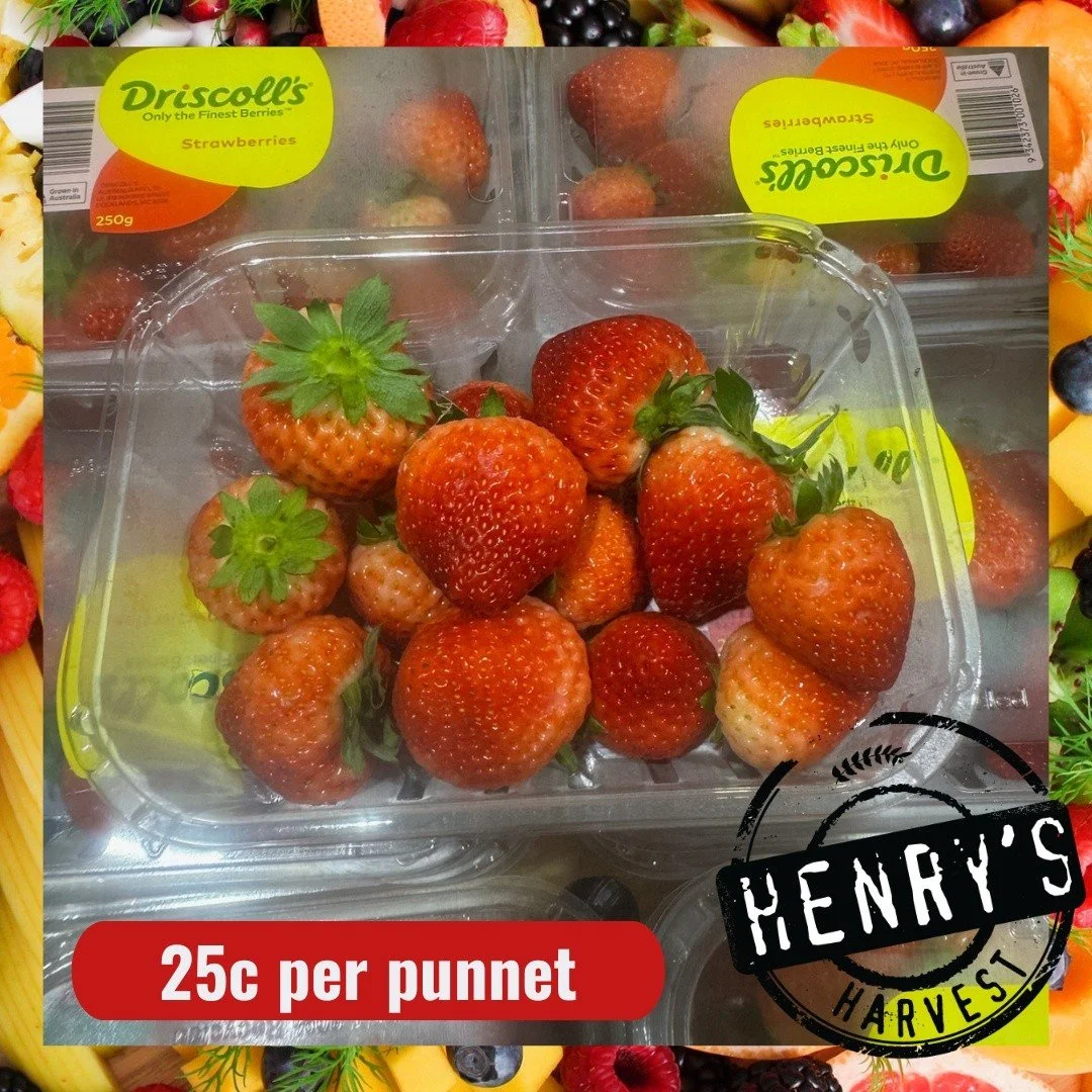 🍓 MONDAY &amp; TUESDAY SPECIAL 🍓

Fresh Strawberries ONLY 25&cent; per punnet! 🤯🔥

Available at BOTH stores while stocks last! 

📍 Henry's Harvest Casula
Shop 11, 493&ndash;509 Hume Highway, Casula NSW 2170
📍 Henry's Harvest Campbelltown
271 Qu