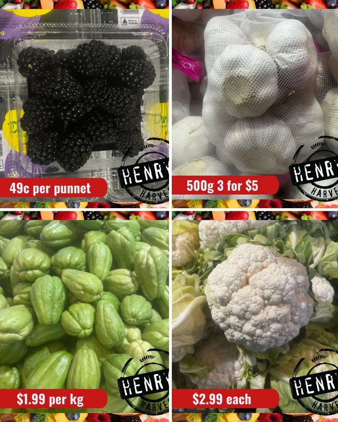 🛒🔥 SATURDAY &bull; SUNDAY &bull; MONDAY SPECIALS 🔥🛒

Some of our EVERYDAY LOW Prices you don&rsquo;t want to miss 👀💥

🫐 Blackberries 49&cent; per punnet
🧄 500gr Garlic &mdash; 3 packs for $5
🥒 Chokos $1.99kg
🥦 Jumbo Cauliflower $2.99 each
?