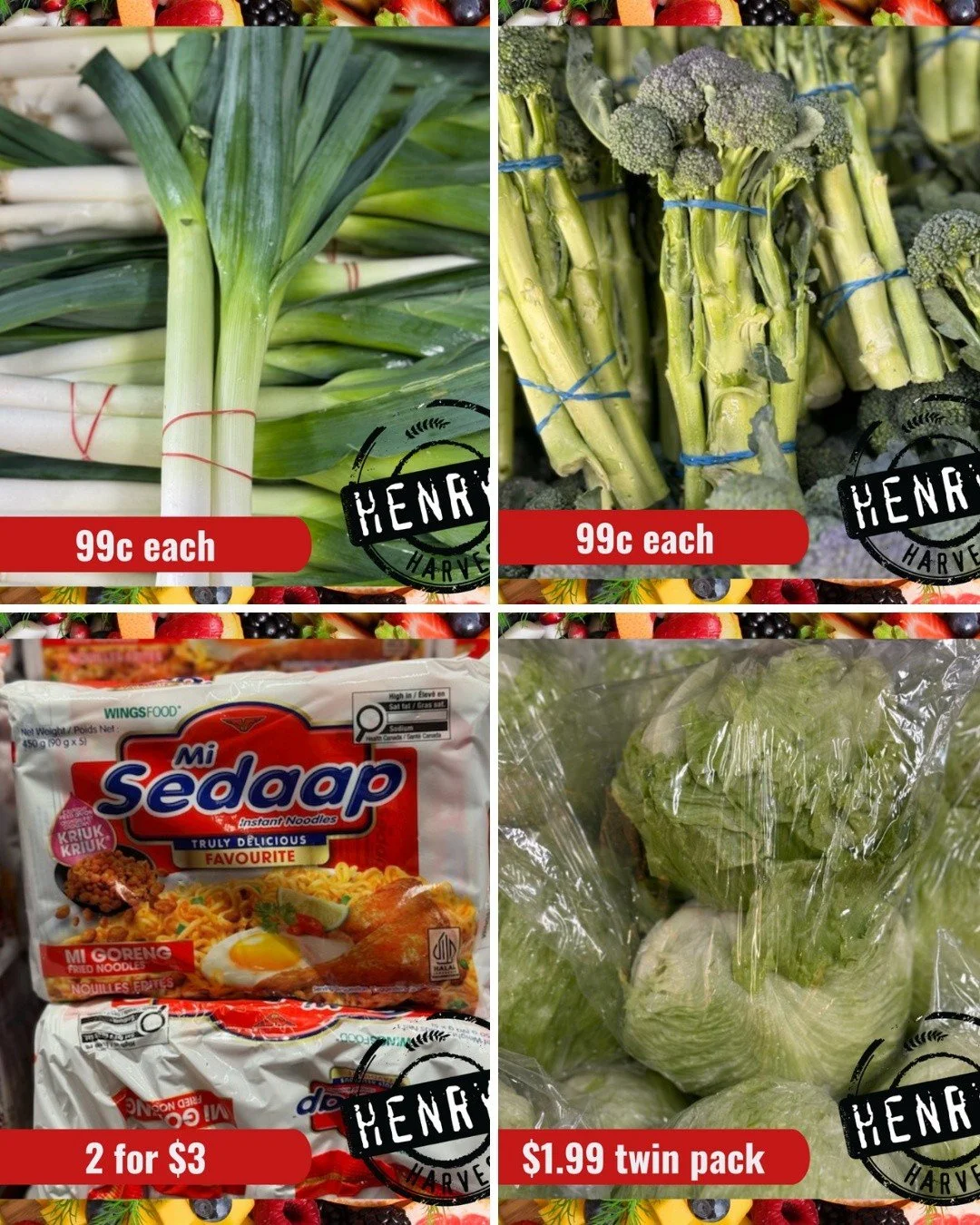 THURSDAY&ndash;FRIDAY SPECIALS! 🛒

🥬 Leek bunches &mdash; 99c each
🥦 Baby broccoli &mdash; 99c each
🍜 Mi Goreng noodles 5 pack &mdash; 2 for $3
🥬 Twin pack iceberg bag &mdash; $1.99 each
🥬 Kale &mdash; 99c per bunch
🍠 Purple sweet potato &mdas