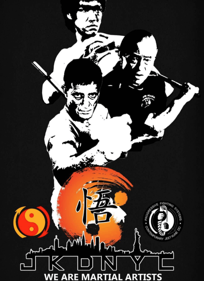 PFSジークンドーの武術ポスター。上からブルース・リー、ダン・イノサント、そしてポール・ブナックと並んで『JKD NYC』、下に白文字で『WE ARE MARTIAL ARTISTS』