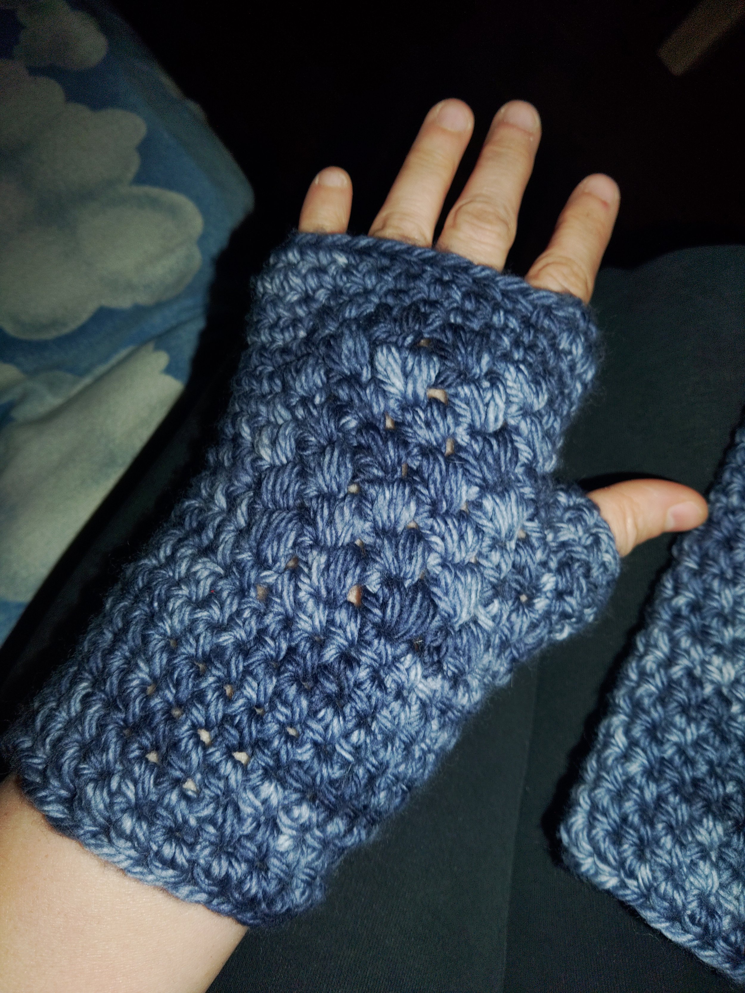Finger-less gloves I crocheted from hand dyed yarn from Sneaky Dog Fiber company. check them out!