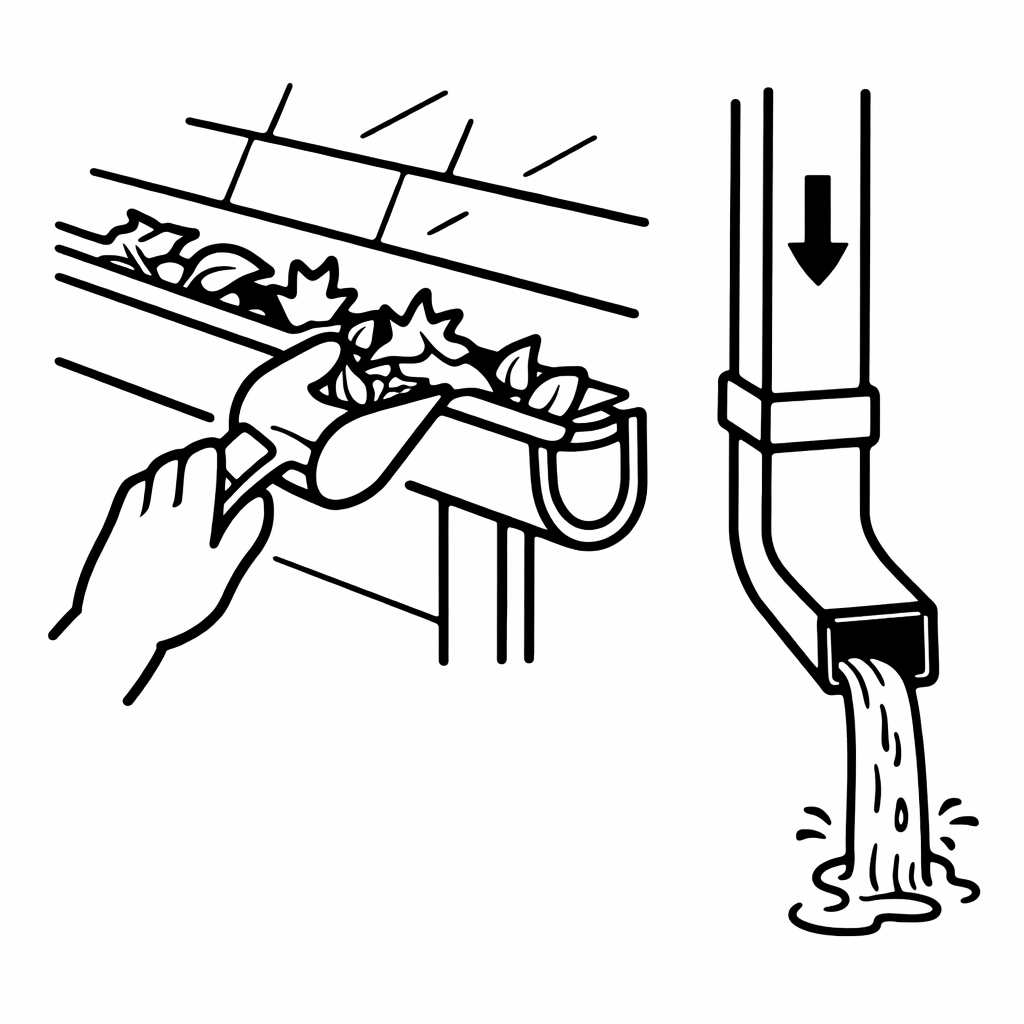 Cleaning house gutters and checking downspouts for proper drainage