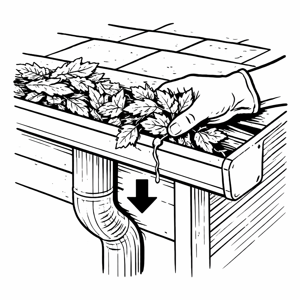 Removing leaves from house gutters before fall buildup to prevent clogs