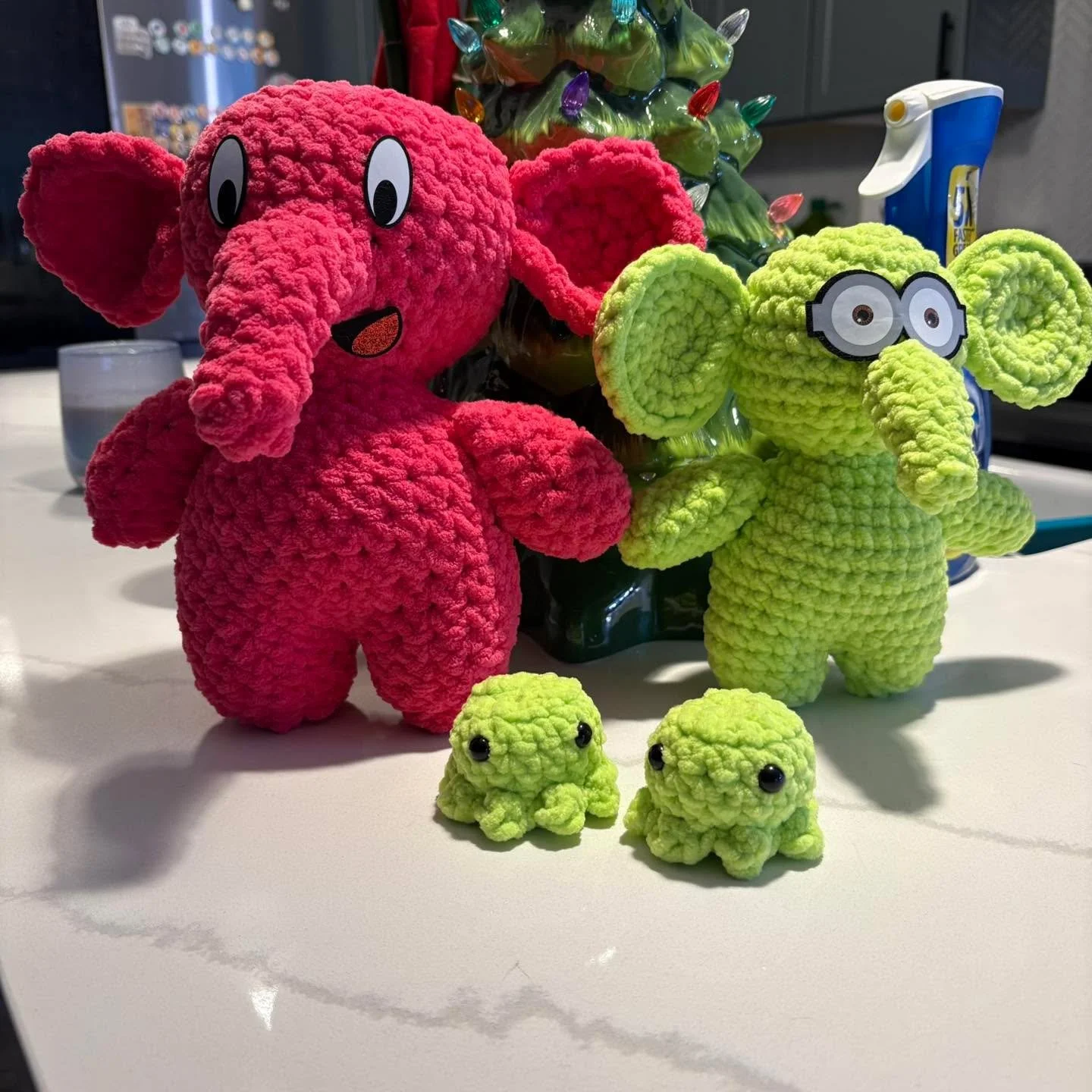 A few more projects to use up ends of skeins 😂 I like the elephants but the minion eyeballs are sending me.