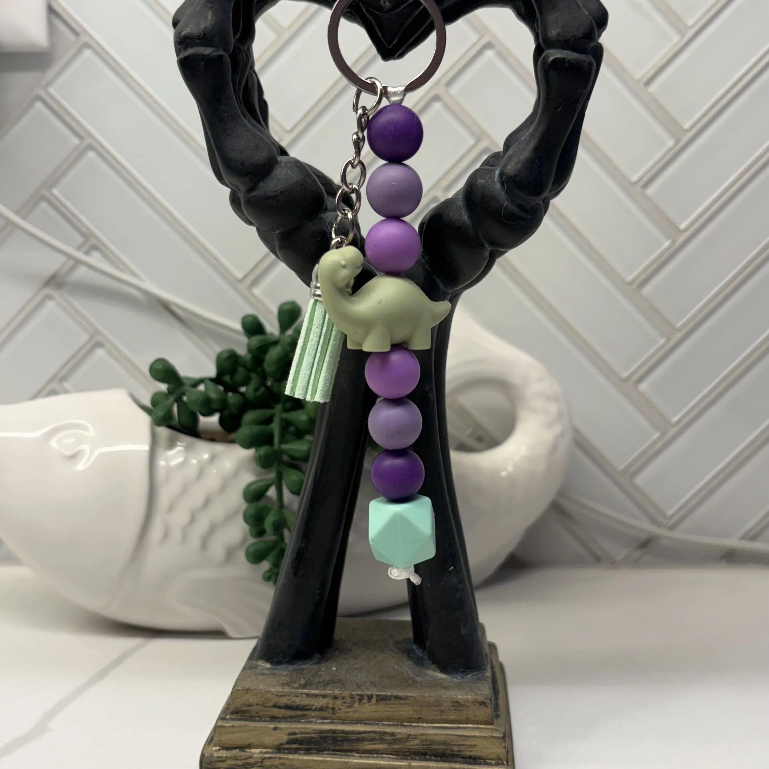 Cute Dinosaur Keychain with Bead Accents