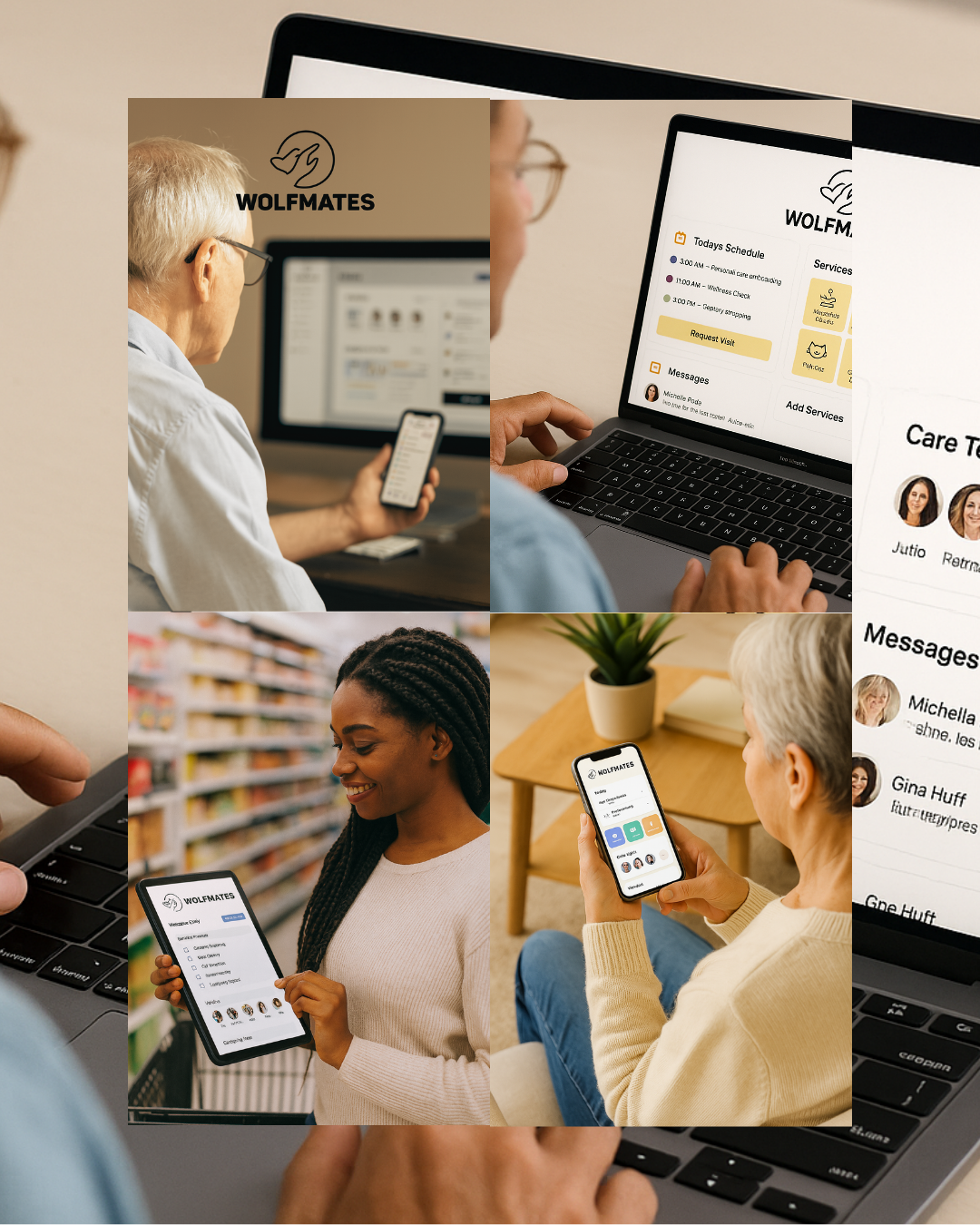 Collage of people using wolfmates on laptops and smartphones: an older man checking schedules on his phone, a laptop screen showing coordinated care tasks, a young woman in a grocery store using the shopping list feature, and a senior woman at home navigating the app. The images highlight wolfmates’ easy-to-use digital platform for family coordination, vendor management, and aging in place support.