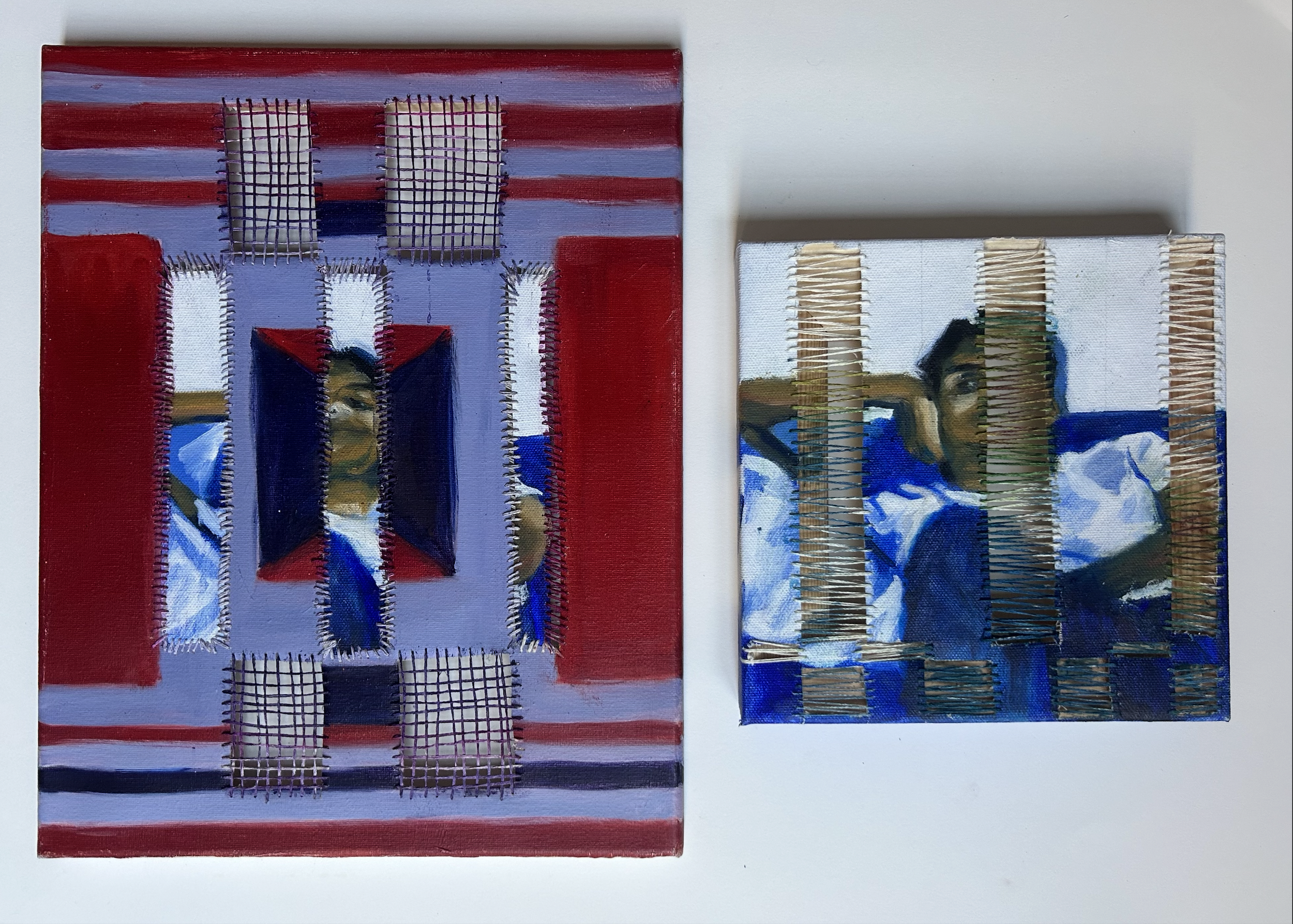 Fraternal Twins, 2026, oil on canvas with silk string and silk dye