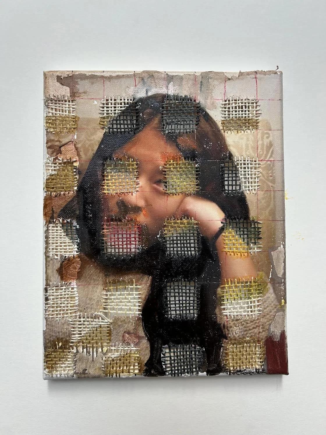 Pixels of Katharine, 2026, inkjet print, oil, silk dye, and silk string on canvas, 11x8"